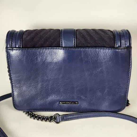 REBECCA MINKOFF Mini Love Chevron Quilted Crossbody Bag Blue Leather Purse - Picture 9 of 13